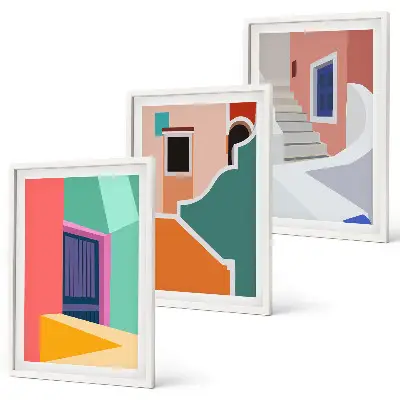 Set de 3 cuadros decorativos para salón con ilustraciones coloridas de edificios