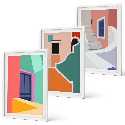 Set de 3 cuadros para salón Ilustraciones coloridas de edificios