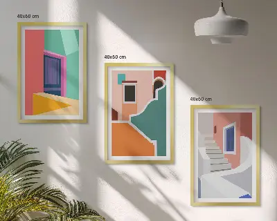 Set de 3 cuadros decorativos para salón con ilustraciones coloridas de edificios