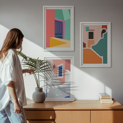 Set de 3 cuadros para salón Ilustraciones coloridas de edificios