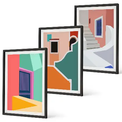 Set de 3 cuadros decorativos para salón con ilustraciones coloridas de edificios