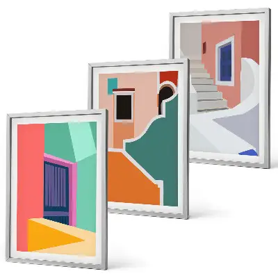 Set de 3 cuadros decorativos para salón con ilustraciones coloridas de edificios
