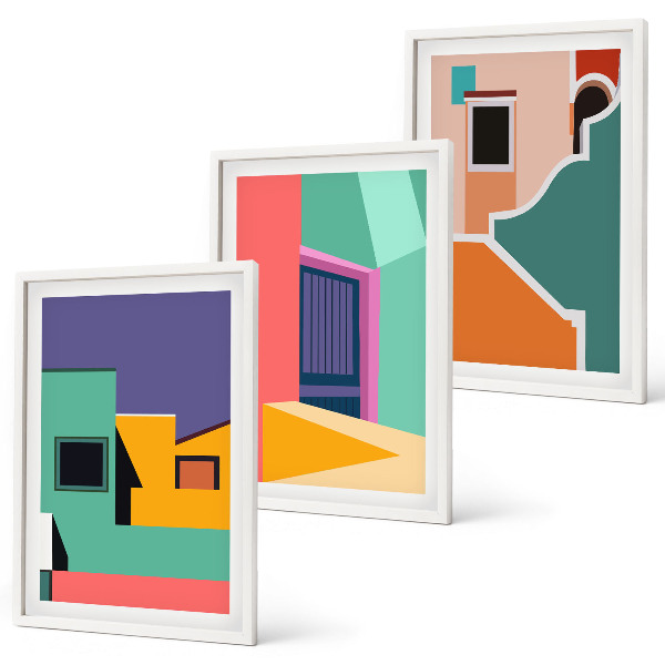 Juego de 3 cuadros Ilustraciones coloridas de la ciudad