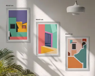 Juego de 3 cuadros con ilustraciones coloridas de la ciudad