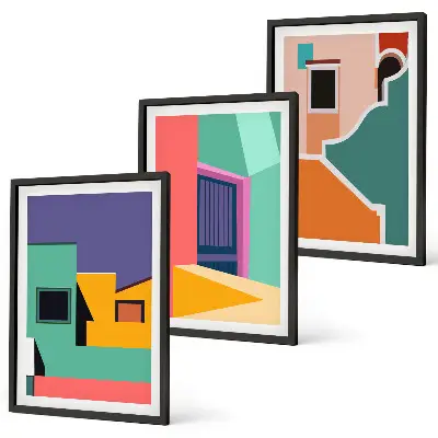 Juego de 3 cuadros con ilustraciones coloridas de la ciudad