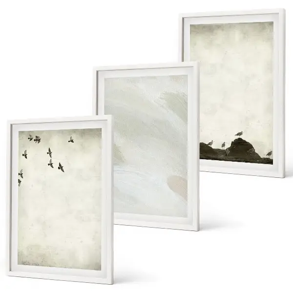 Set de 3 cuadros decorativos para salón con diseño artístico de pájaros rocas y pinceladas