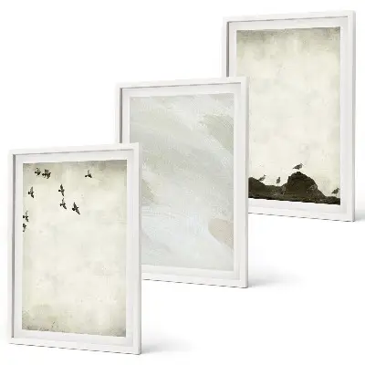 Set de 3 cuadros decorativos para salón con diseño artístico de pájaros rocas y pinceladas