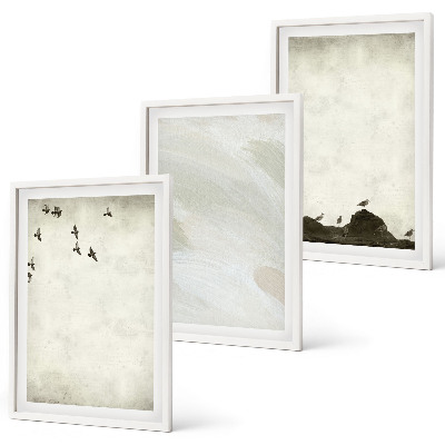 Set de 3 cuadros para salón Pájaros, rocas, pinceladas, decoraciones