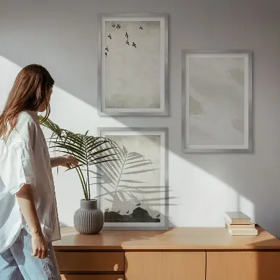 Set de 3 cuadros decorativos para salón con diseño artístico de pájaros rocas y pinceladas