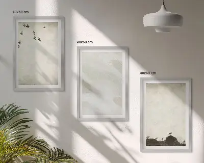 Set de 3 cuadros decorativos para salón con diseño artístico de pájaros rocas y pinceladas