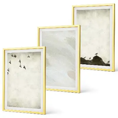 Set de 3 cuadros decorativos para salón con diseño artístico de pájaros rocas y pinceladas