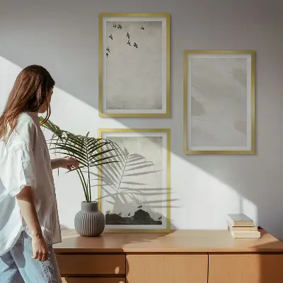 Set de 3 cuadros decorativos para salón con diseño artístico de pájaros rocas y pinceladas