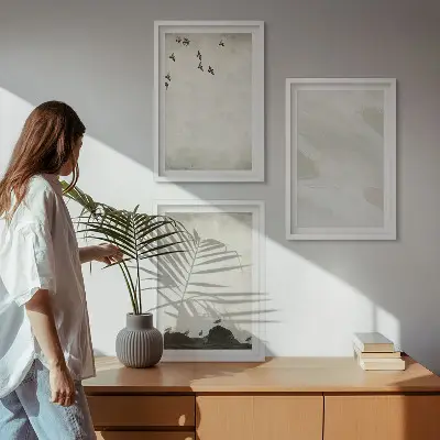 Set de 3 cuadros decorativos para salón con diseño artístico de pájaros rocas y pinceladas