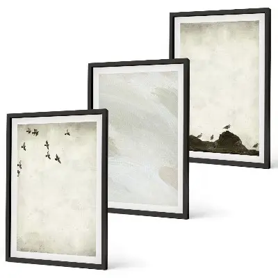 Set de 3 cuadros decorativos para salón con diseño artístico de pájaros rocas y pinceladas