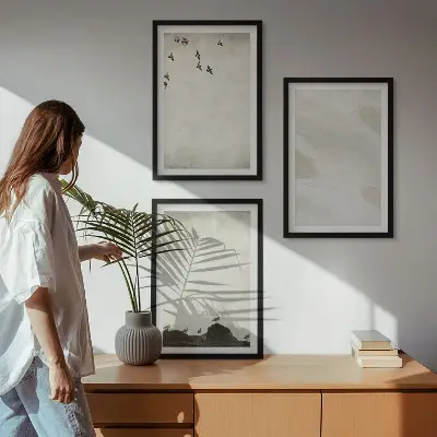 Set de 3 cuadros decorativos para salón con diseño artístico de pájaros rocas y pinceladas