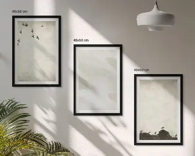Set de 3 cuadros decorativos para salón con diseño artístico de pájaros rocas y pinceladas