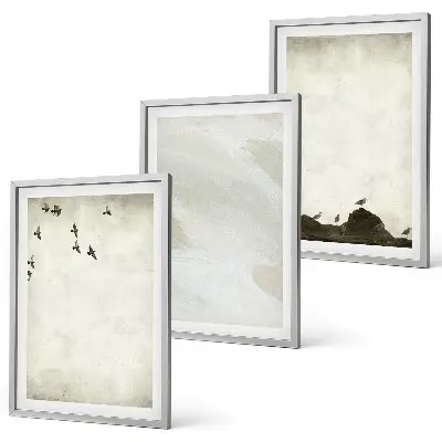 Set de 3 cuadros decorativos para salón con diseño artístico de pájaros rocas y pinceladas