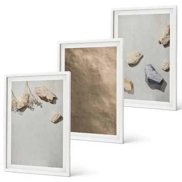 Set de 3 cuadros para salón con diseño de estructuras naturales de la playa de piedras
