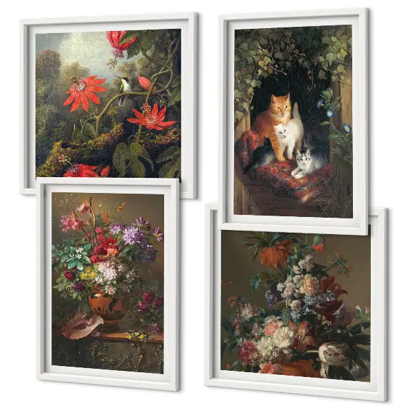 Set de 4 cuadros para salón con motivos de flores vintage, gatos y plantas