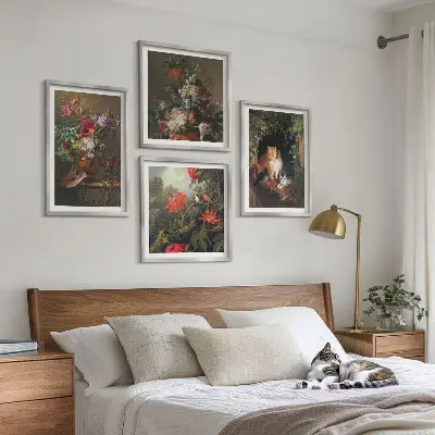 Set de 4 cuadros para salón con motivos de flores vintage, gatos y plantas