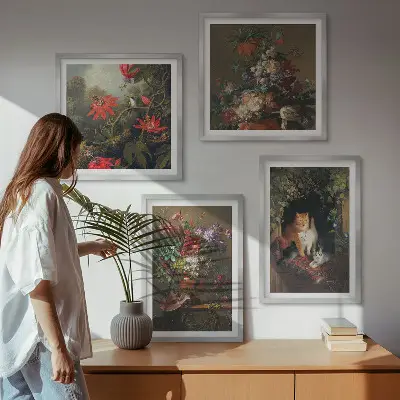 Set de 4 cuadros para salón con motivos de flores vintage, gatos y plantas