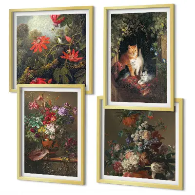 Set de 4 cuadros para salón con motivos de flores vintage, gatos y plantas