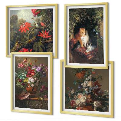 Set de 4 cuadros para salón Flores vintage, gatos, plantas