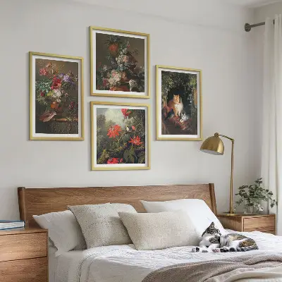 Set de 4 cuadros para salón con motivos de flores vintage, gatos y plantas