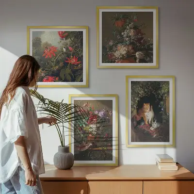 Set de 4 cuadros para salón con motivos de flores vintage, gatos y plantas
