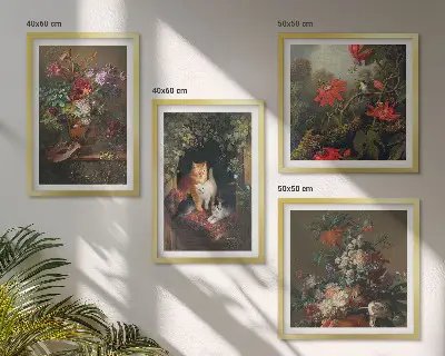 Set de 4 cuadros para salón con motivos de flores vintage, gatos y plantas