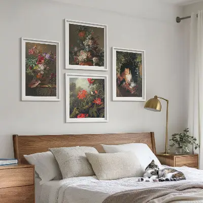 Set de 4 cuadros para salón con motivos de flores vintage, gatos y plantas