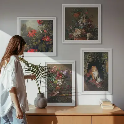 Set de 4 cuadros para salón con motivos de flores vintage, gatos y plantas