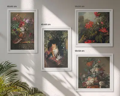 Set de 4 cuadros para salón con motivos de flores vintage, gatos y plantas