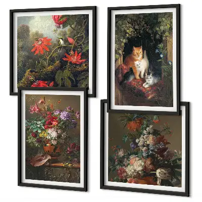 Set de 4 cuadros para salón con motivos de flores vintage, gatos y plantas