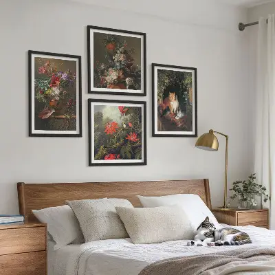Set de 4 cuadros para salón con motivos de flores vintage, gatos y plantas
