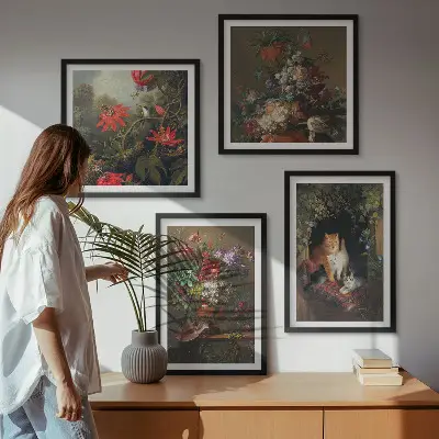 Set de 4 cuadros para salón con motivos de flores vintage, gatos y plantas