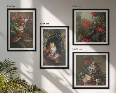 Set de 4 cuadros para salón con motivos de flores vintage, gatos y plantas