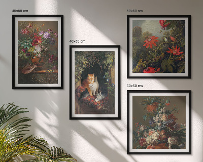 Set de 4 cuadros para salón Flores vintage, gatos, plantas