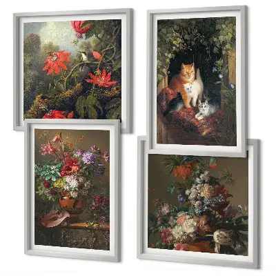 Set de 4 cuadros para salón con motivos de flores vintage, gatos y plantas