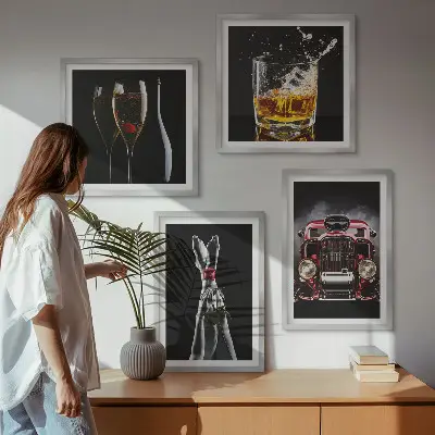 Set de cuadros modernos para salón con diseño de piernas de mujer y vino rosado