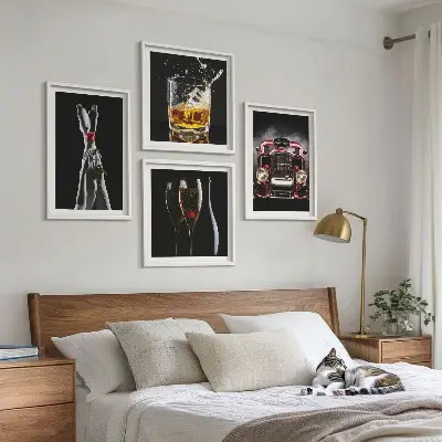 Set de cuadros modernos para salón con diseño de piernas de mujer y vino rosado