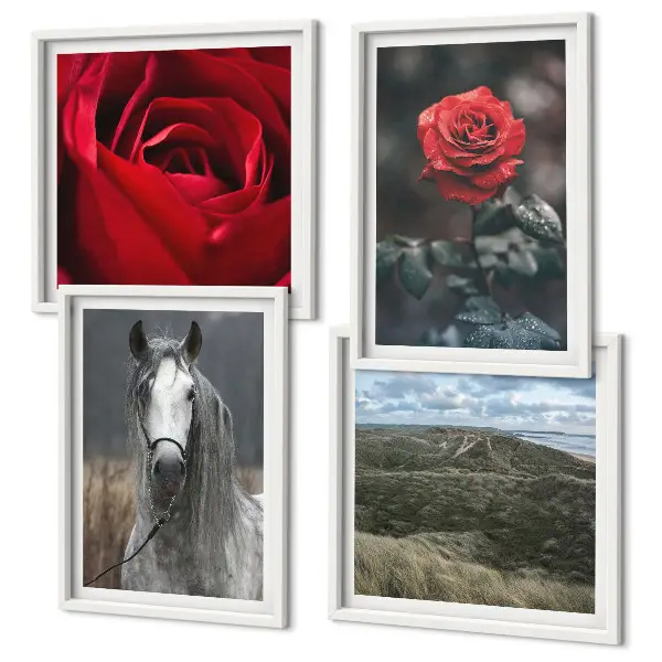 Set de 4 cuadros para salón con diseño de rosas rojas y caballo sobre fondo gris