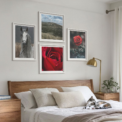 Set de 4 cuadros para salón Rosas rojas, caballo, fondo gris