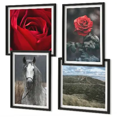 Set de 4 cuadros para salón con diseño de rosas rojas y caballo sobre fondo gris