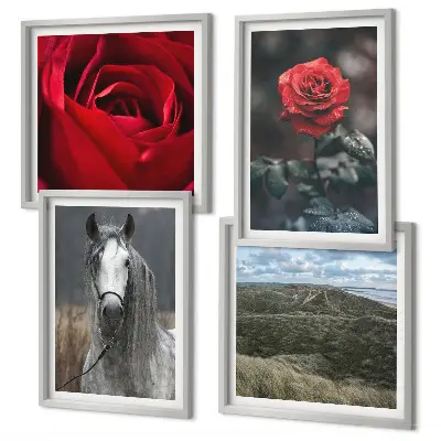 Set de 4 cuadros para salón con diseño de rosas rojas y caballo sobre fondo gris