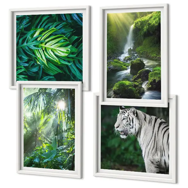 Set de 4 cuadros para salón con diseño de cascada del tigre blanco de la selva