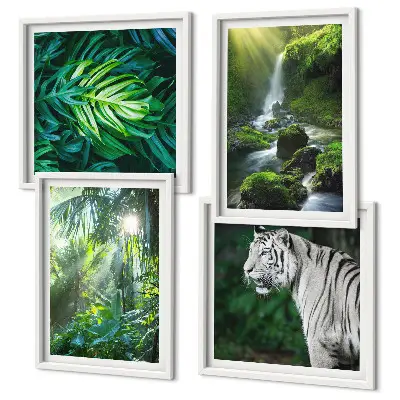 Set de 4 cuadros para salón con diseño de cascada del tigre blanco de la selva