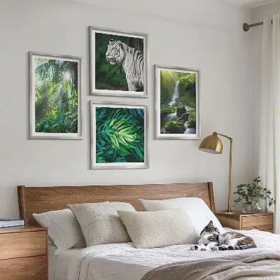 Set de 4 cuadros para salón con diseño de cascada del tigre blanco de la selva