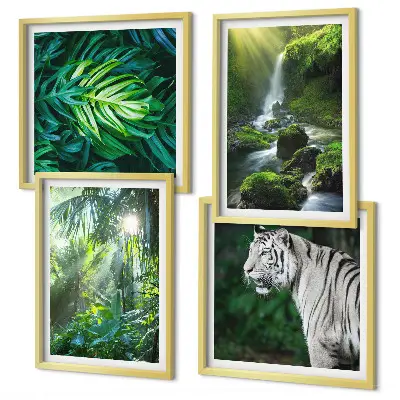 Set de 4 cuadros para salón con diseño de cascada del tigre blanco de la selva