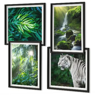 Set de 4 cuadros para salón con diseño de cascada del tigre blanco de la selva